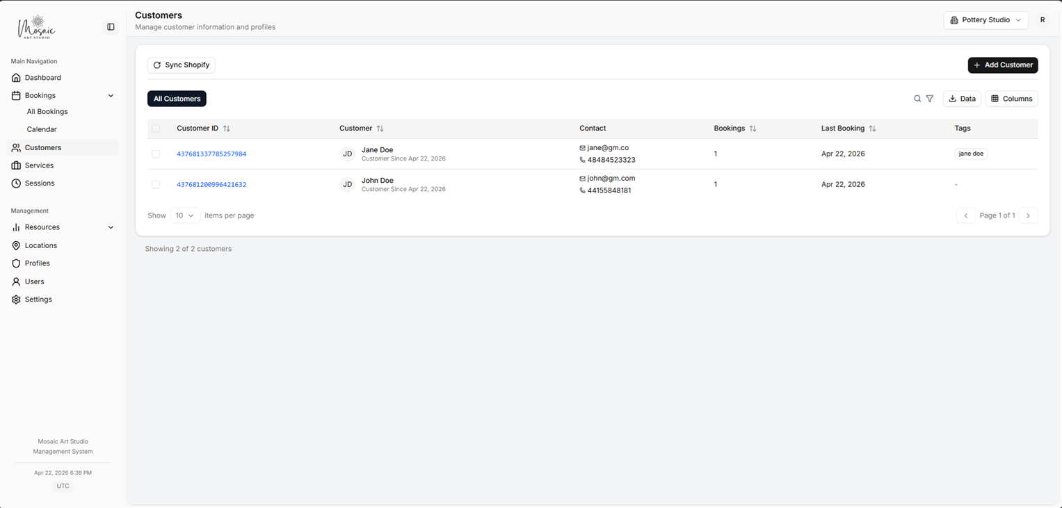 Customers management page showing all customer records